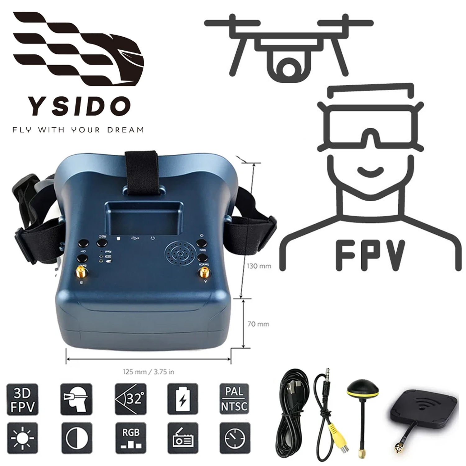 Drone Racing Goggles - แว่นตา FPV รุ่น 008D 5.8G 40CH